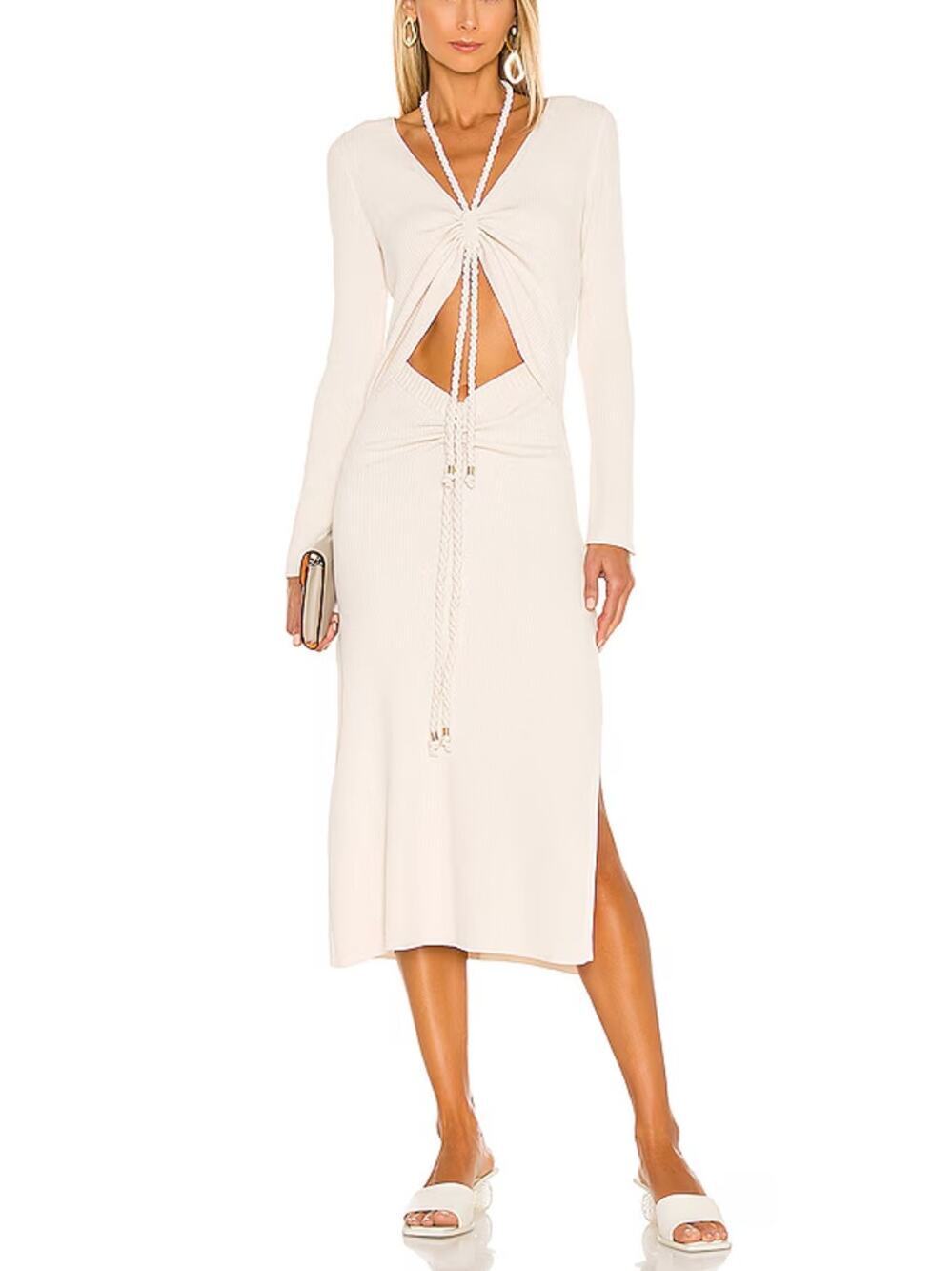 Nicholas Luisa Ribbed Ruched Long Sleeve Midi Dress Cream Size Medium